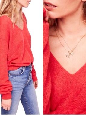 Free People Gossomer V-Neck Coral Alpaca Wool Sweater